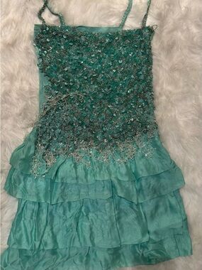 Embellished Teal Tiered Spaghetti-Strap Dress